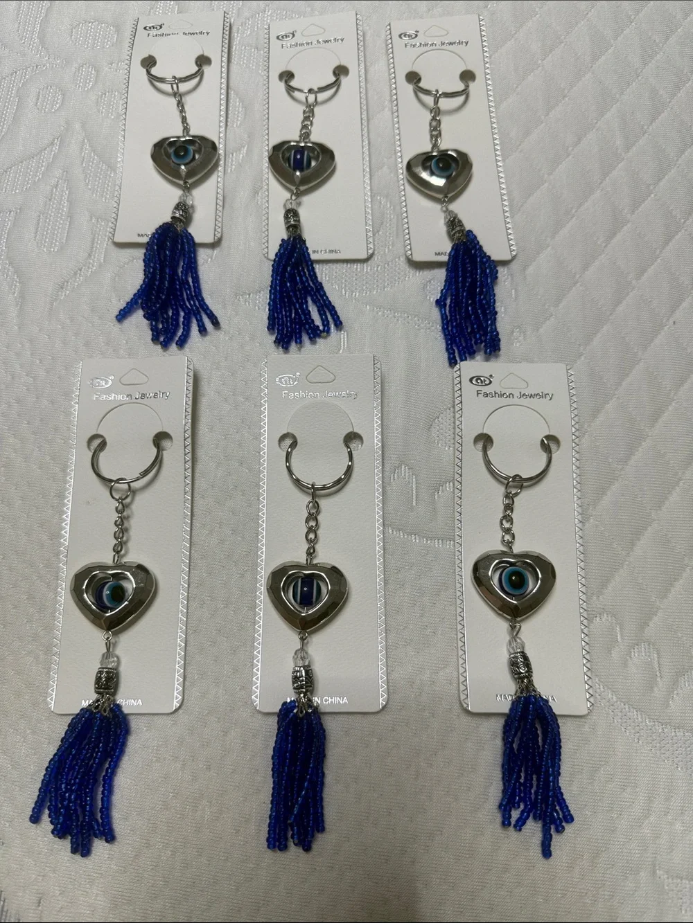 Set of 12 Pieces Jewelry Silver Heart Evil Eye Keychain with Blue Beaded Tassel